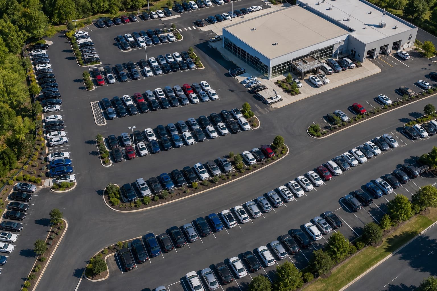 Aerial view of a dealership with LotMesh sightings connecting across the vehicle rows