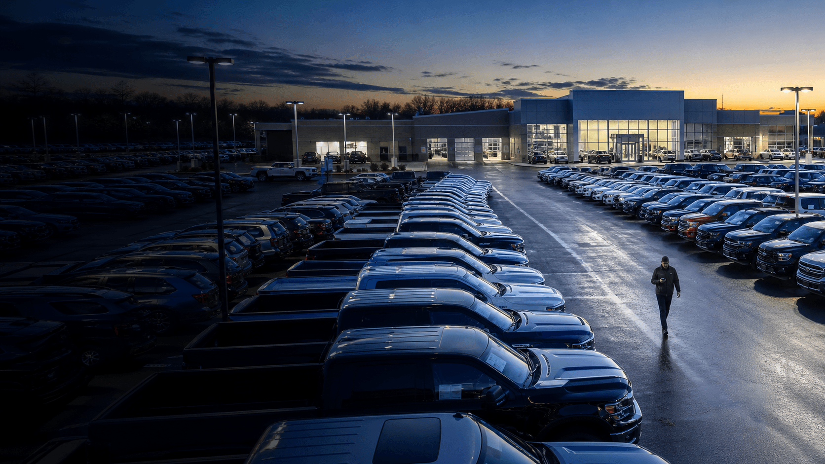 A dealership employee walking between rows of vehicles at sunrise